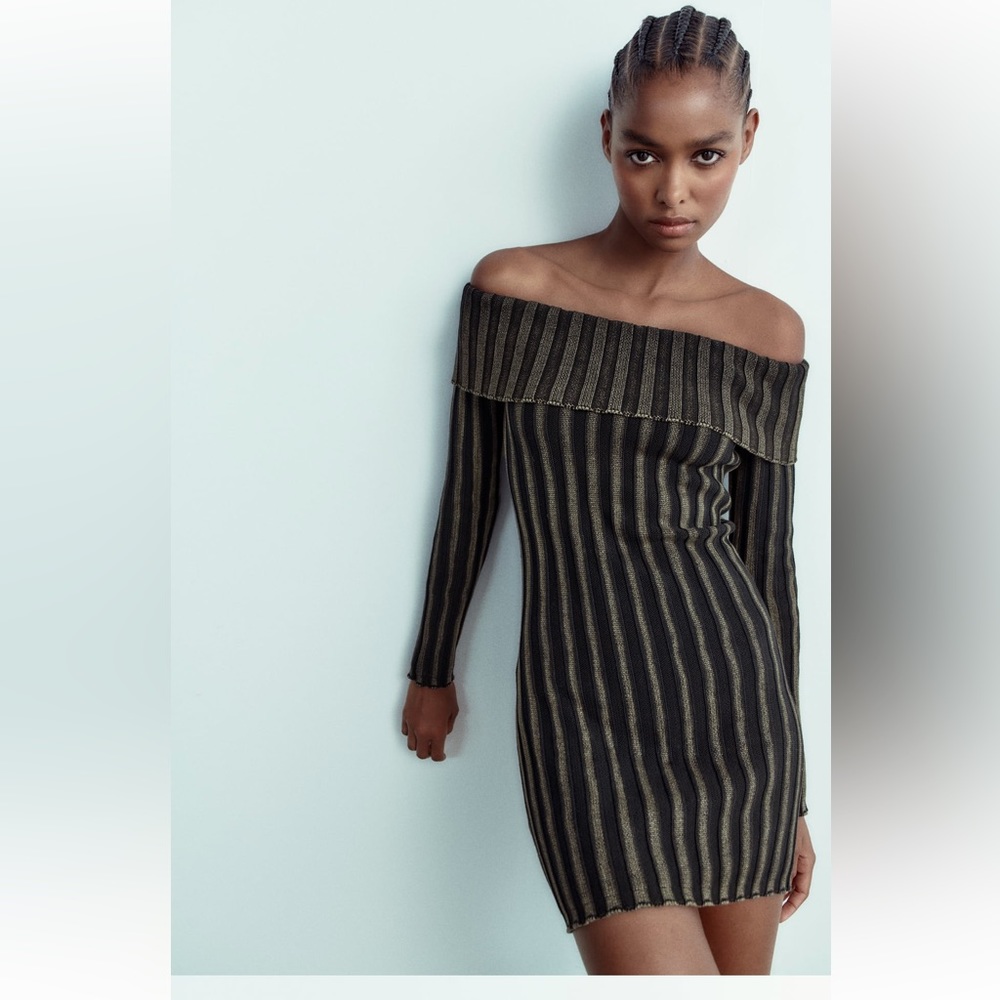 Off the shoulder acid wash mini knit dress Dark gray NWT S Zara